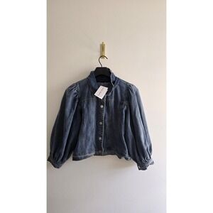Louis Ruth Denim Jacket Puff Sleeve Cropped Blue Scalloped Collar NWT